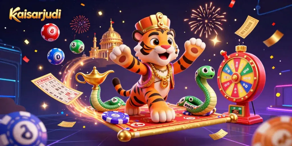 Kaisarjudi celebrates with a vibrant scene of casino elements, animated lottery balls, and confetti.