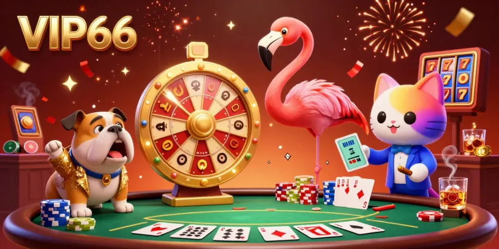 Experience the excitement of VIP66 with a vibrant casino scene featuring a flamingo host, bulldog contestant, and prizes.
