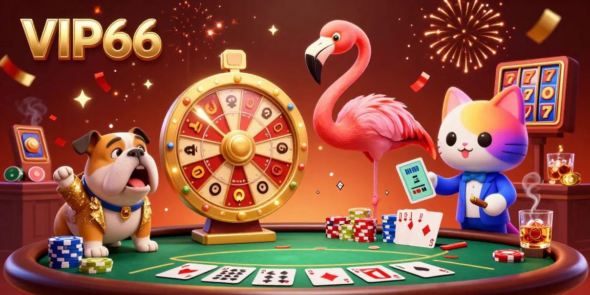 Experience the excitement of VIP66 with a vibrant casino scene featuring a flamingo host, bulldog contestant, and prizes.