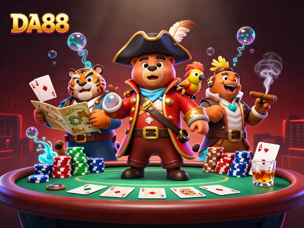 Experience the thrill of DA88 gaming with a vibrant pirate casino scene featuring colorful poker elements.