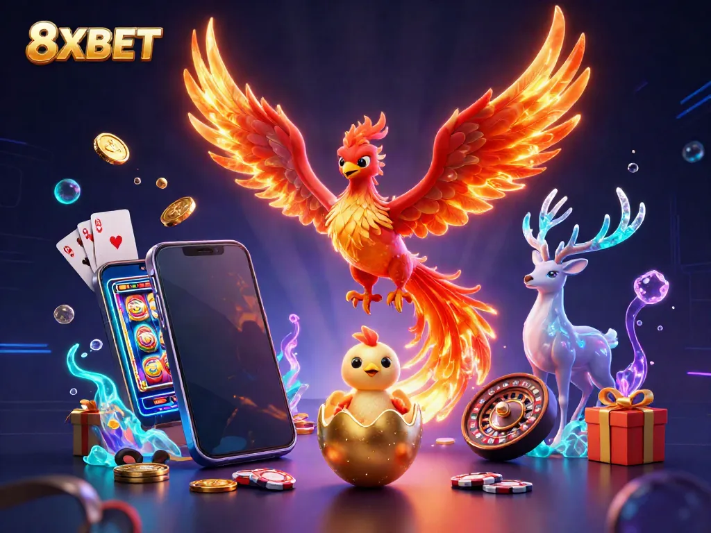 Experience the thrill of 8XBET with a phoenix and gaming elements in a vibrant scene.