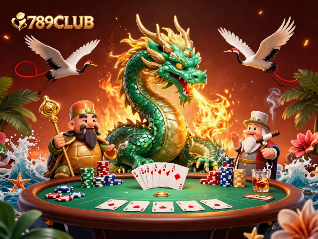 Engage in thrilling poker action at 789CLUB with an epic 3D illustration featuring a majestic dragon and lucky symbols.