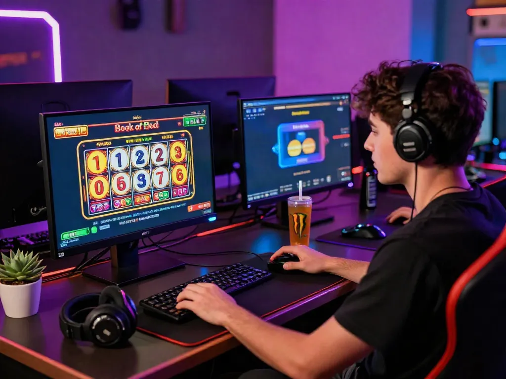 Junger Mann spielt mit einem Casino Bonus ohne Einzahlung an zwei Monitoren, die aufregende Casinospiele zeigen.