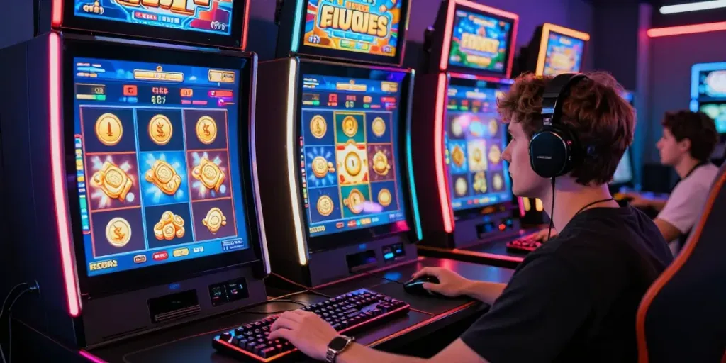 Player engaging with bro138 online slots in a vibrant gaming setup.