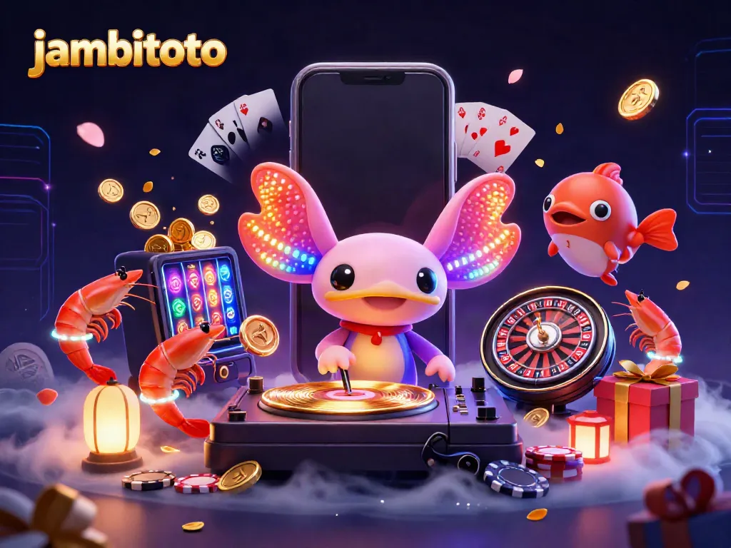 Experience jambitoto's vibrant casino action with a neon axolotl DJ and lively game elements.