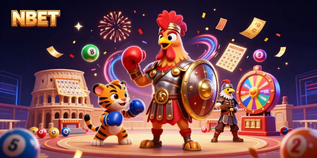 Experience vibrant gaming action at NBET with an engaging 3D illustration of casino-themed characters and gambling elements.