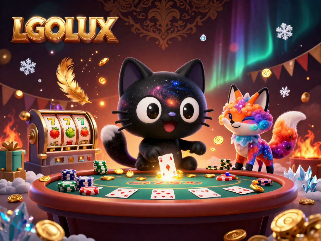 Engage with LGOLUX at a dazzling cosmic casino featuring a black hole cat and nebula fox.