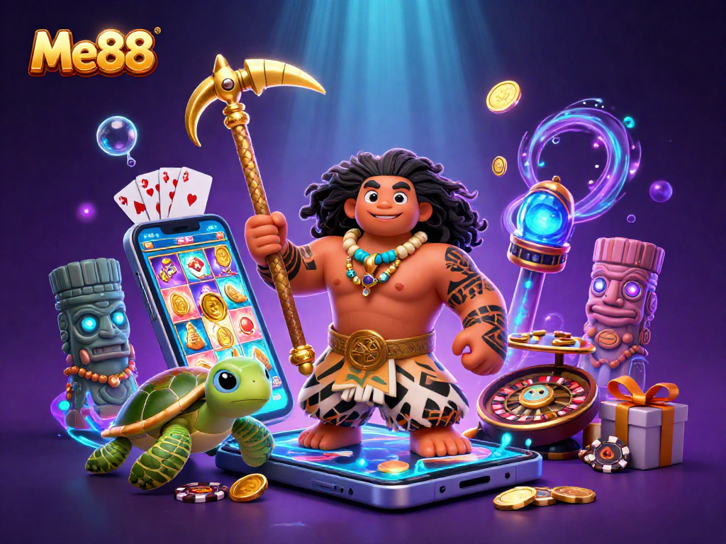 Me88's vibrant casino scene with a demigod hawk, engaging gaming elements, and colorful underwater effects.