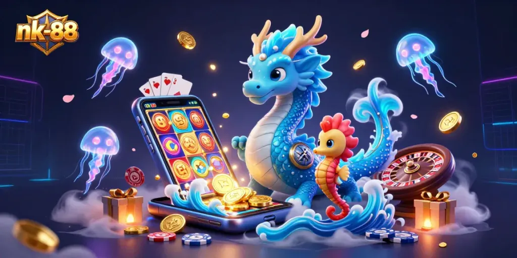 Engage with nk-88's thrilling gaming experience in this vibrant 3D illustration showcasing a dragon, knight, jellyfish, and casino elements.