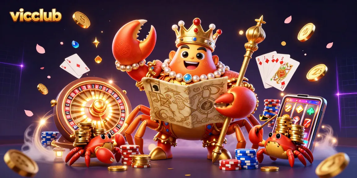 Players immerse in the vicclub casino experience with a vibrant 3D illustration of golden crab emperor and gaming elements.