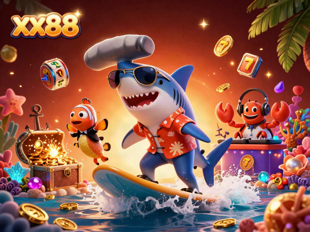Experience the thrill of xx88 gaming through an imaginative underwater casino scene featuring a shark and friends