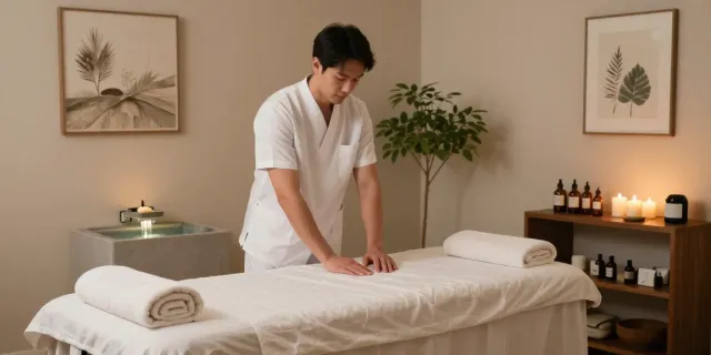 Professional male therapist preparing a tranquil setting for 일산출장안마 therapy session in a serene room.