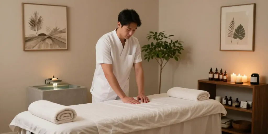 Professional male therapist preparing a tranquil setting for 일산출장안마 therapy session in a serene room.