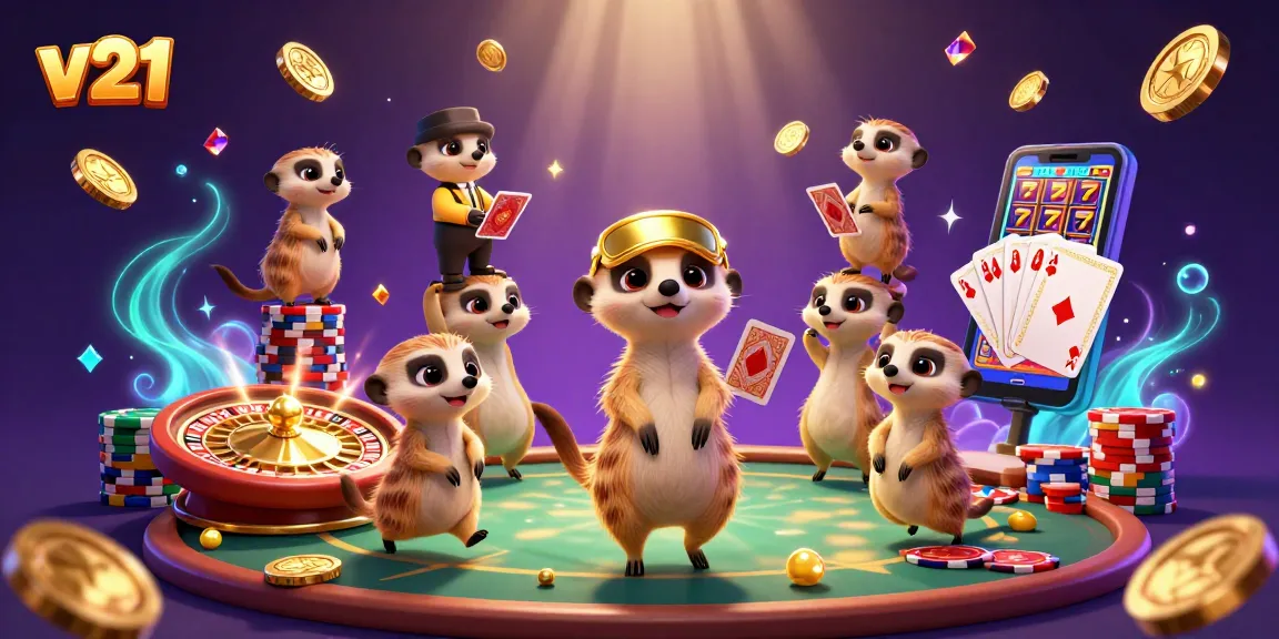 v21 memperlihatkan suasana kasino yang ramai dengan meerkat sebagai dealer dan pit boss, dipenuhi koin emas dan chip warna-warni