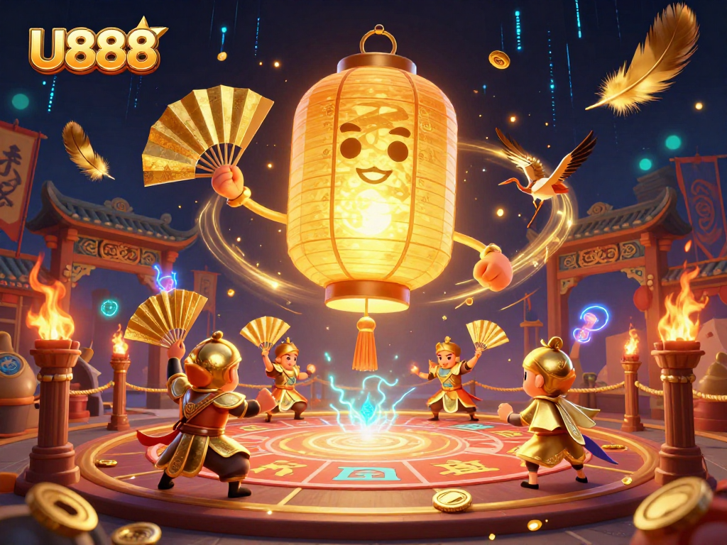 Engage in U888 with golden feathers swirling amidst paper fan warriors and lantern spirit at a vibrant night market.