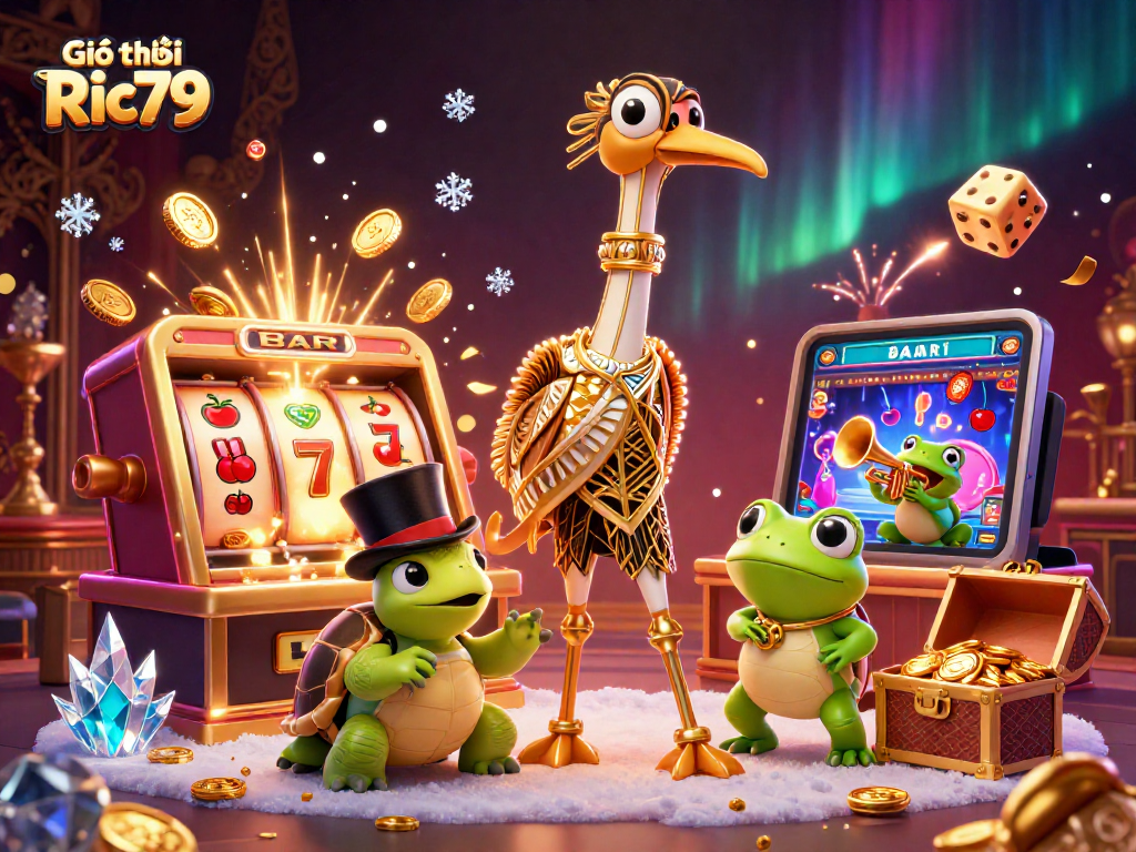 Play exciting casino games with Giới thiệu Ric79, featuring vibrant slot machines and lively characters.