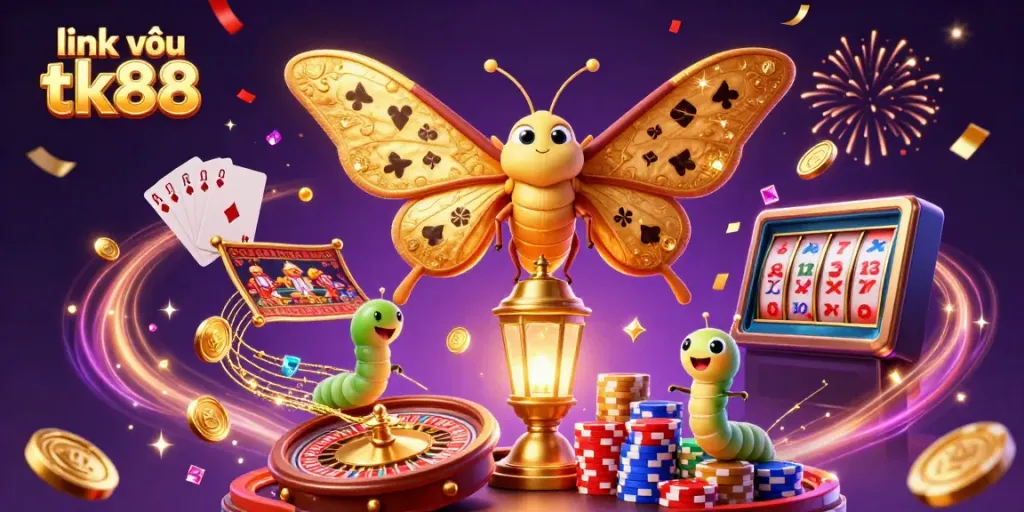 Experience excitement and fun at link vào tk88 with colorful casino characters, gold coins, and light effects.