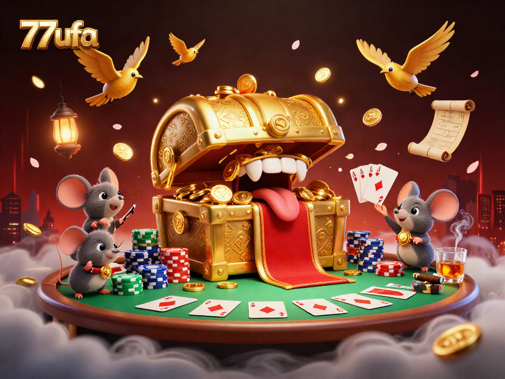 Experience the allure of riches with 77ufa, featuring a treasure chest and adventure in a lively casino scene.