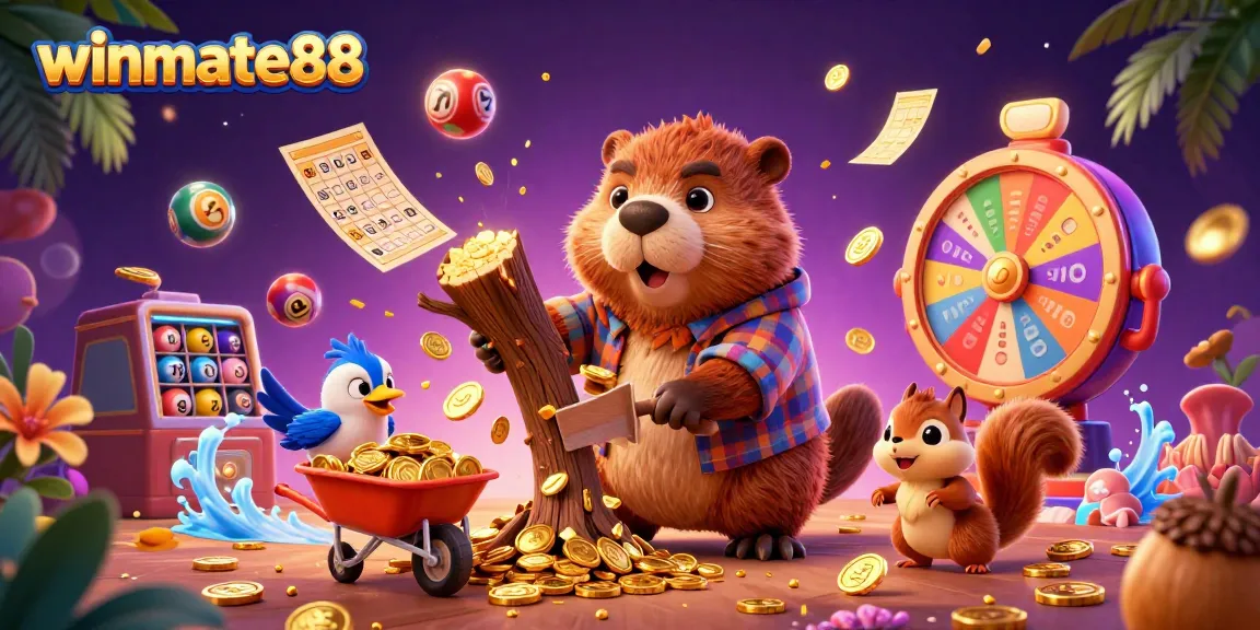 Winmate88 showcases a beaver celebrating a jackpot with golden coins, vibrant lottery elements, and dynamic casino atmosphere.