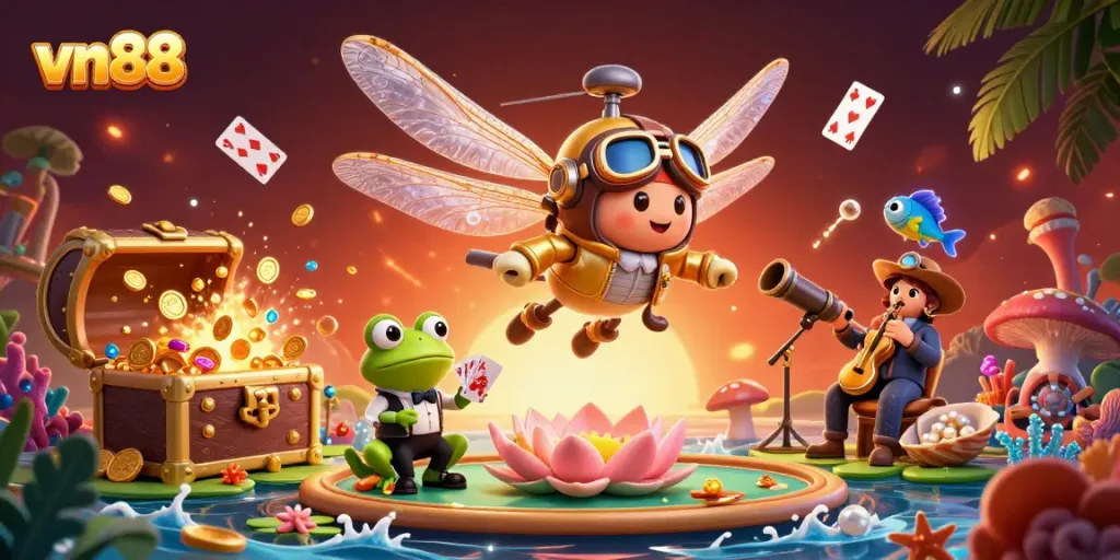 A dynamic scene showcasing vn88 with a dragonfly pilot, frog dealer, and musicians at a lily pad casino.