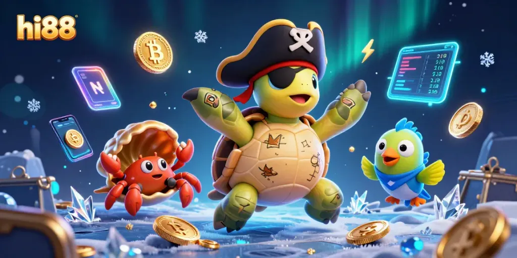 Engage with hi88's thrilling online casino experience led by vibrant characters amidst floating crypto elements.