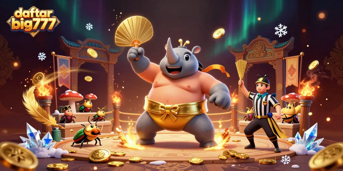 Experience the excitement of daftar big777 with a dynamic 3D illustration of beetles in a vibrant casino scene.