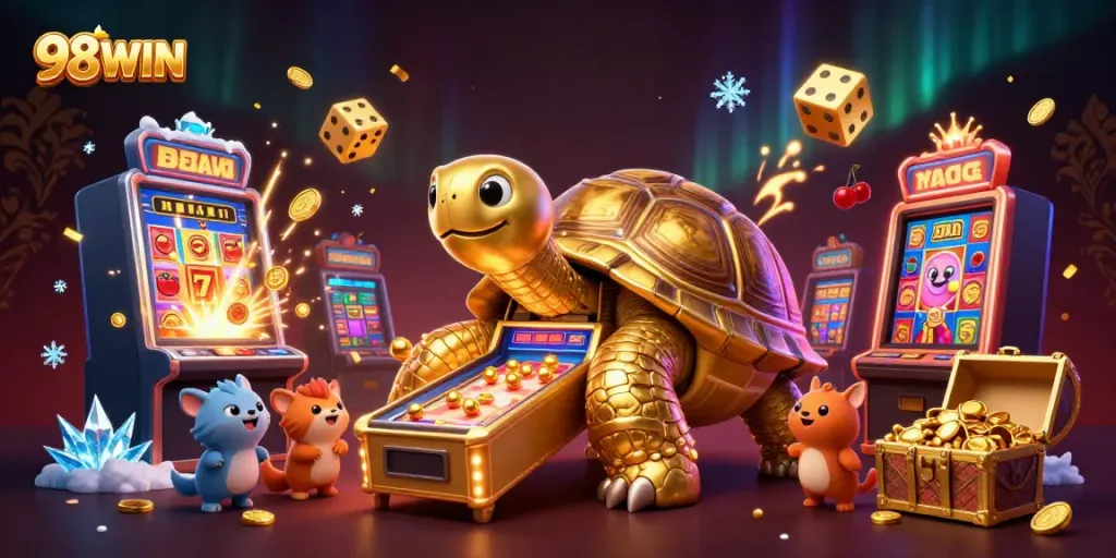 Experience thrilling gaming adventures at 98WIN with a lively illustration featuring casino themes.