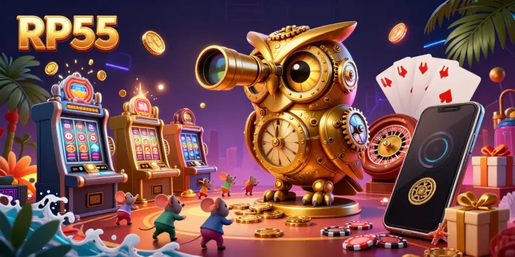 Engage with RP55's exciting casino world featuring a golden owl, vibrant slot games, and dynamic gaming elements.