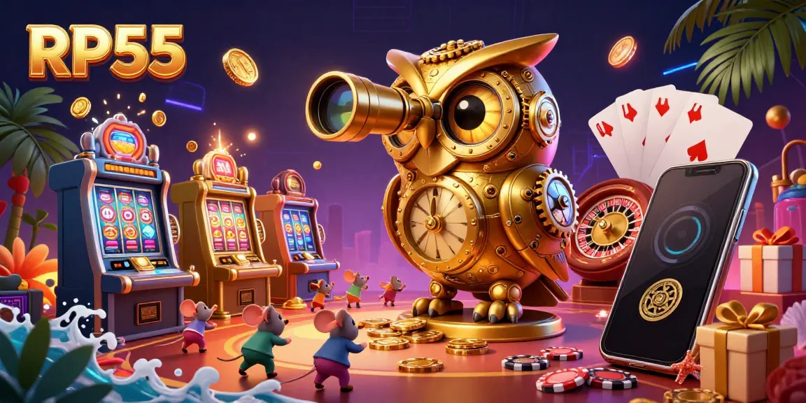 Engage with RP55's exciting casino world featuring a golden owl, vibrant slot games, and dynamic gaming elements.