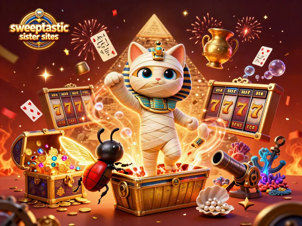 Win with exciting games at sweeptastic sister sites featuring vibrant characters and dynamic casino elements.