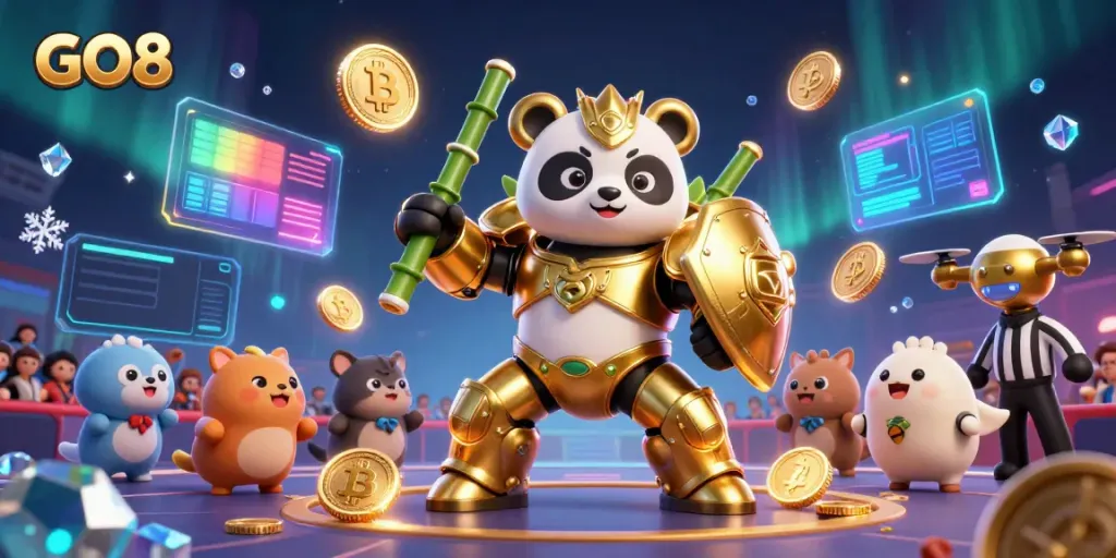 Engage with GO8’s thrilling casino landscape featuring animated characters, blockchain elements, and vibrant visuals.