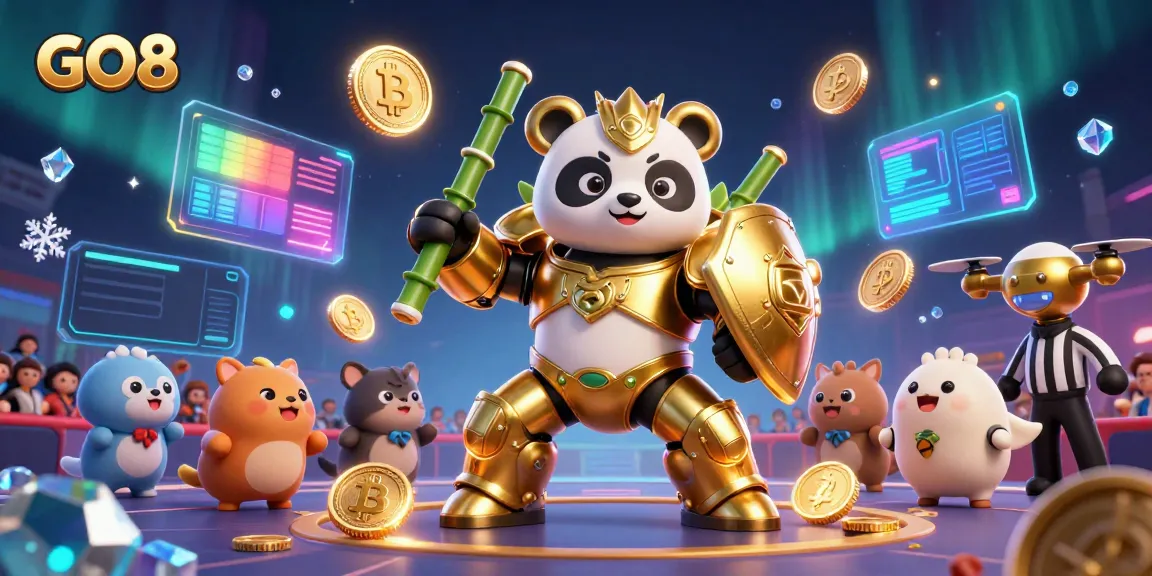 Engage with GO8’s thrilling casino landscape featuring animated characters, blockchain elements, and vibrant visuals.