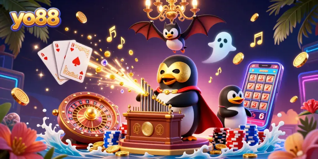 Experience exciting gaming with yo88 as the penguin plays a pipe organ filled with coins, embodying the thrill of casino fun.