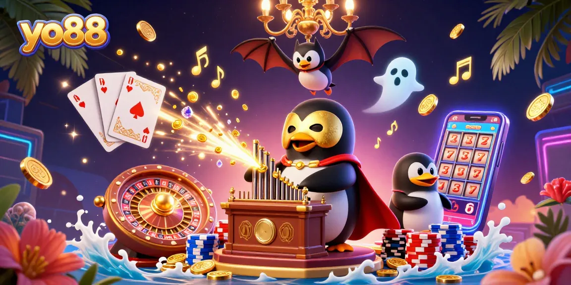 Experience exciting gaming with yo88 as the penguin plays a pipe organ filled with coins, embodying the thrill of casino fun.