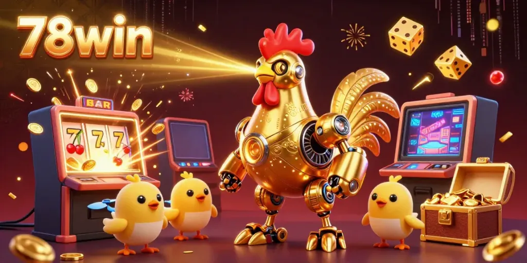 Experience thrilling wins at 78win with a vibrant scene of a golden rooster robot amidst dynamic casino elements.
