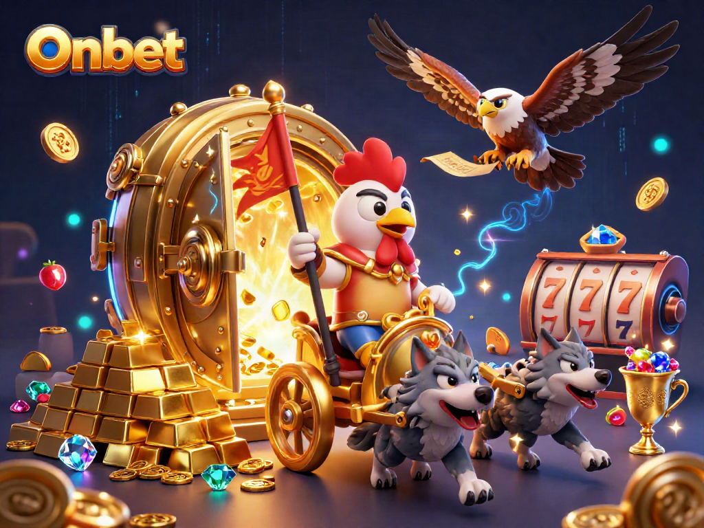 Onbet offers thrilling casino excitement with a rooster warlord and golden treasures, creating a dynamic gaming atmosphere.