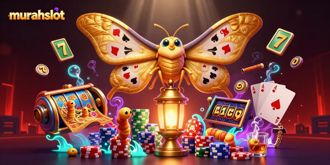 Murahslot menyajikan ilustrasi kasino 3D luar biasa dengan kupu-kupu dan simbol slot yang menarik.