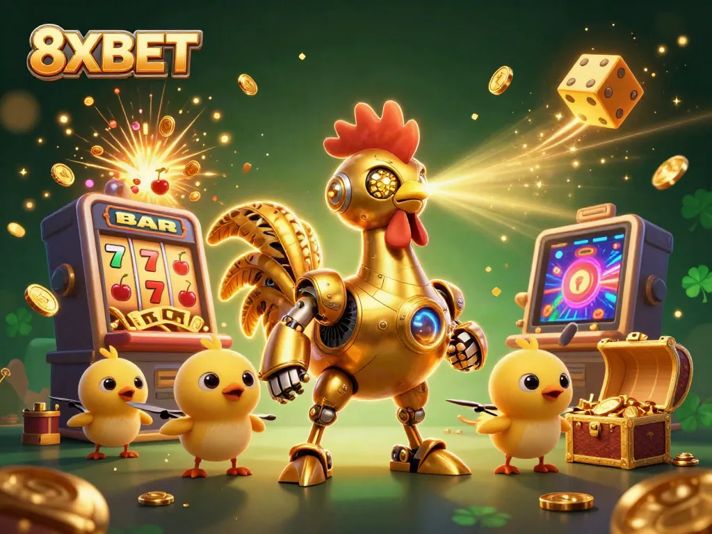 Experience excitement with 8XBET's retro-futuristic robot and casino gaming elements in a vibrant scene.
