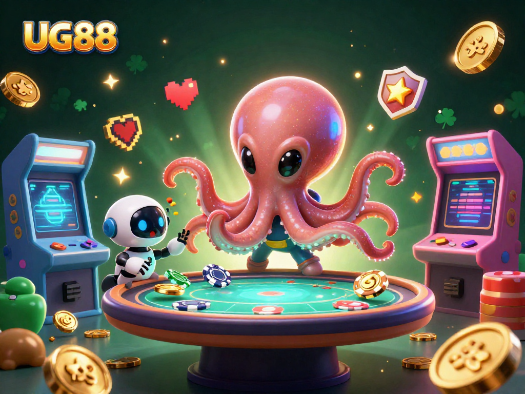 Join the excitement at UG88 with a vibrant 3D illustration of an alien octopus and its robot pals playing poker!