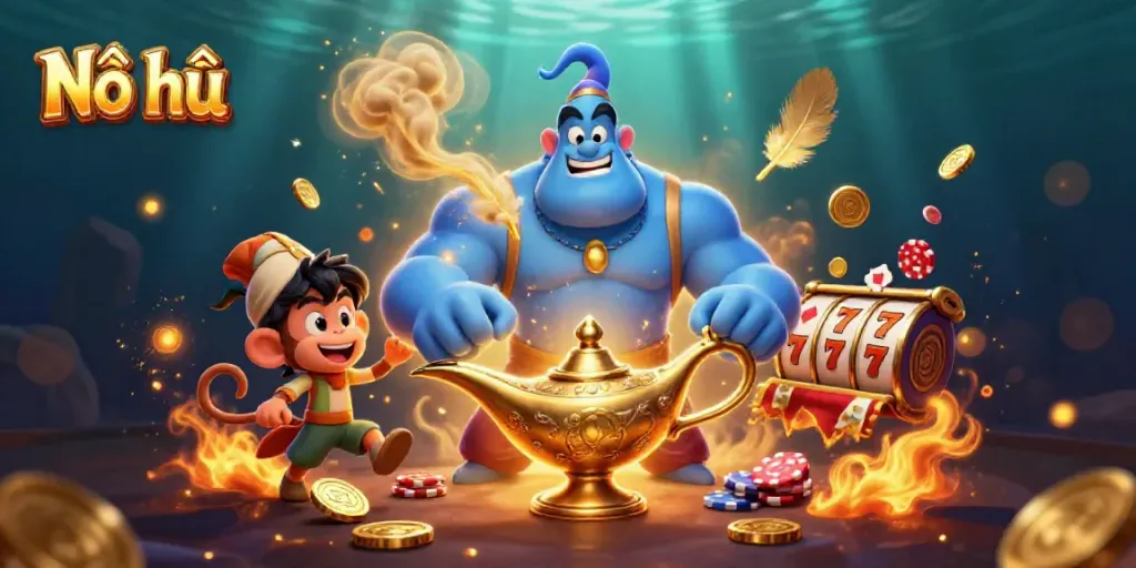 Experience thrilling Nổ hũ action with a muscular genie and vibrant slot reels filled with chance and fortune.