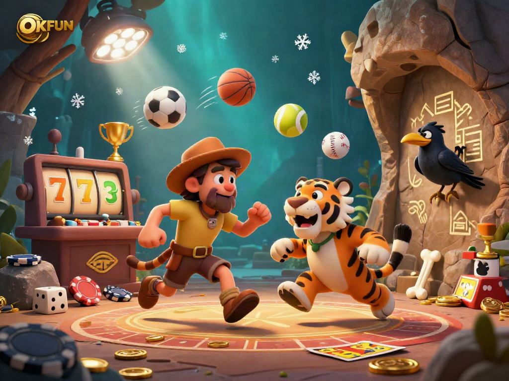 Bet on excitement at the OKFUN prehistoric casino with bold characters and vibrant gaming elements.