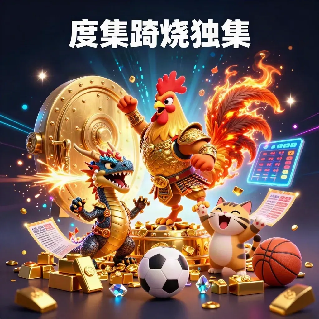 Rooster warrior, dragon hatchling, and fortune-cat raid a glowing treasure vault in neon esports style.