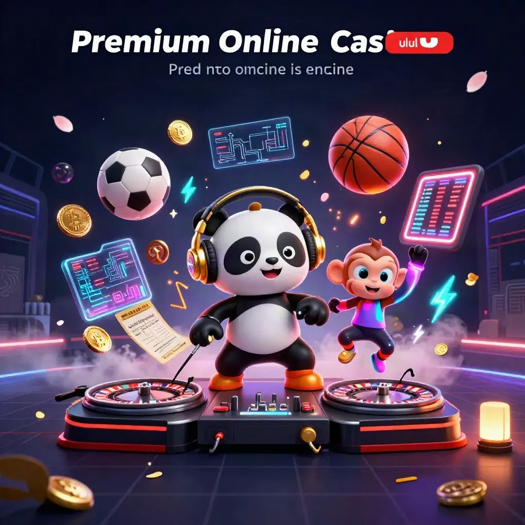Neon casino art with panda DJ, monkey, glow kitten, flying balls, crypto coins, and electric effects