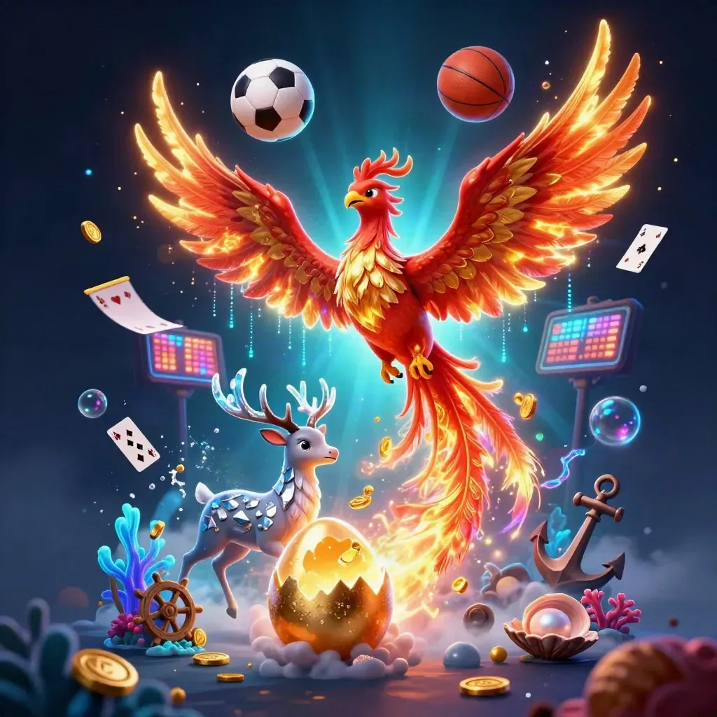 Phoenix, stag and treasure cove with flying balls, neon sparks and dark casino glow.