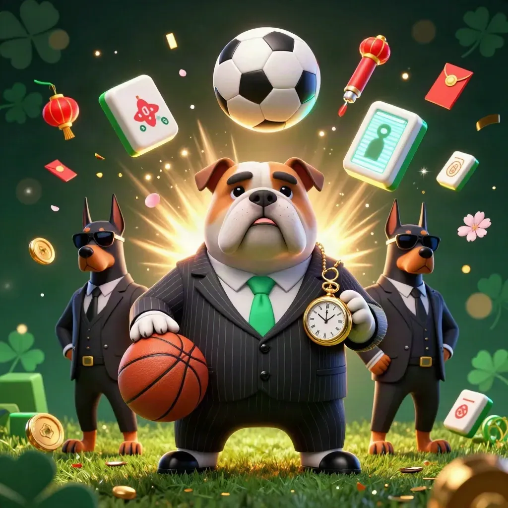 Ground-level casino key art: bulldog boss, Dobermans, soccer ball, lanterns, jade coins, neon light.