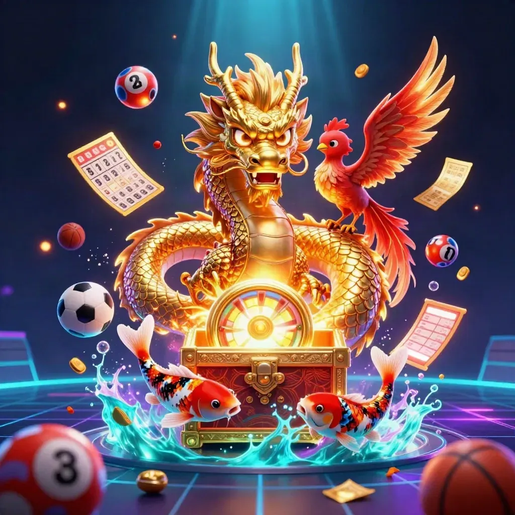 Golden dragon, phoenix and koi amid casino game elements in a neon cyber arena.
