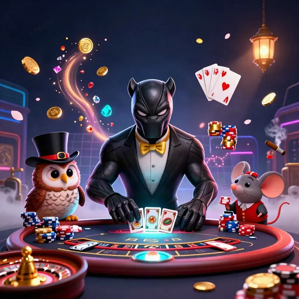 Panther, owl, and mouse at a luxe casino table amid coins, gems, smoke, neon, and brass.