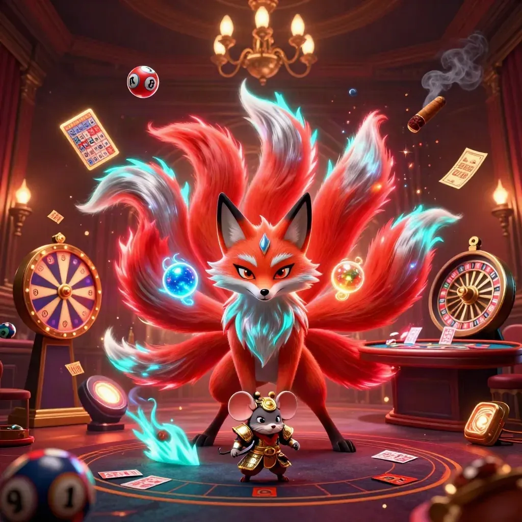 Nine-tailed fox spirit and samurai mouse amid glowing casino game elements