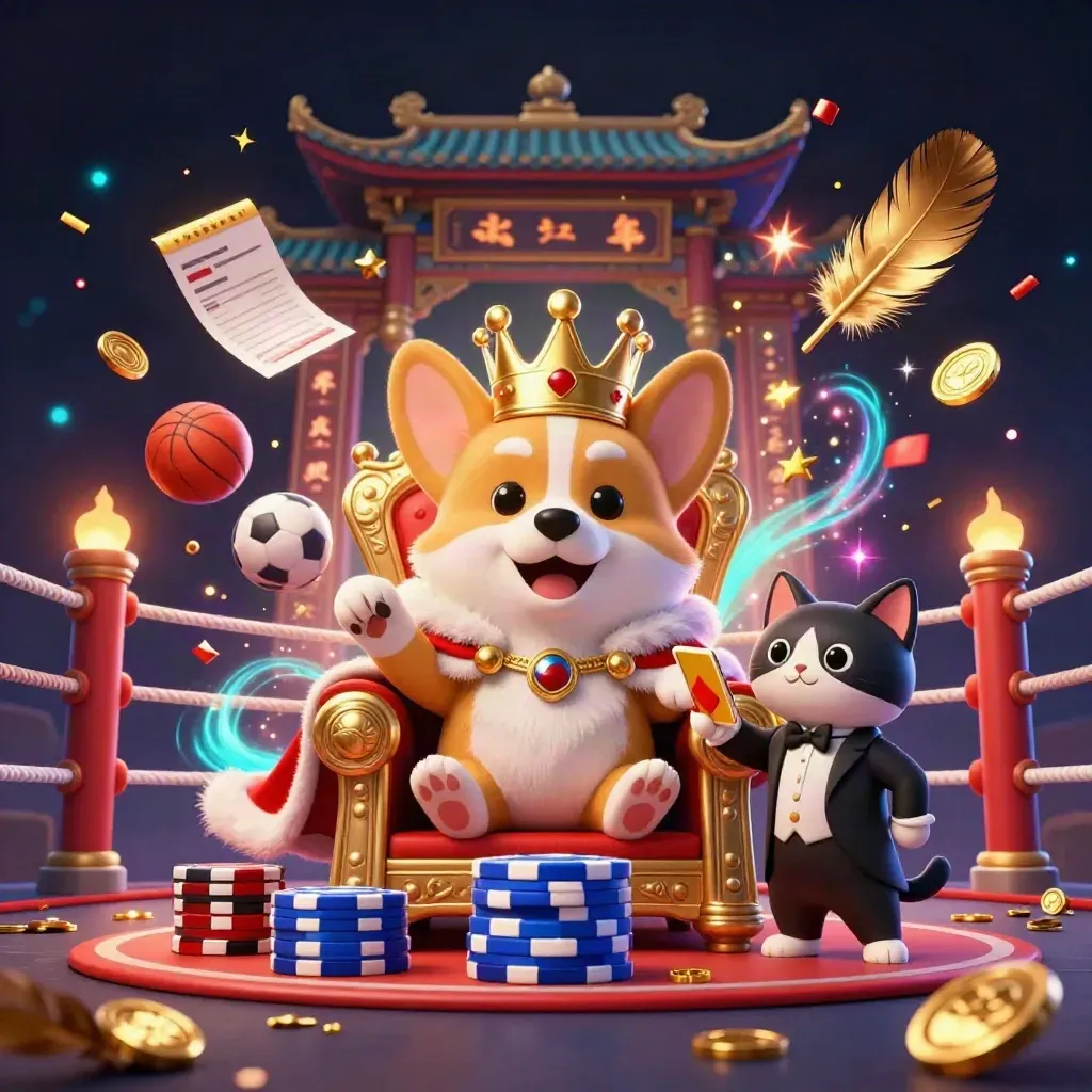 Royal corgi and cat butler amid coins, balls, confetti and neon arena light