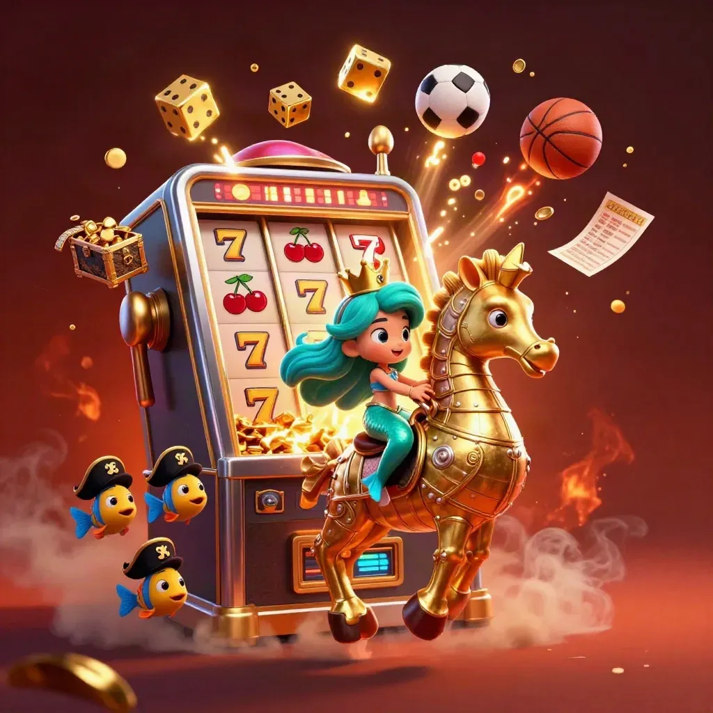 Mermaid princess on armored seahorse amid slot burst, dice, balls, gold, and embers